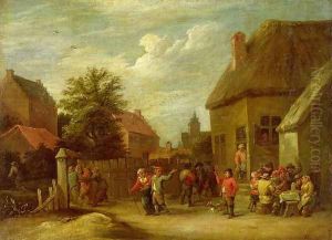 The courtyard of a village inn with a man toasting departing revellers by David The Younger Teniers