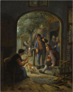 A Spinner Conversing With Two 
Smoking And Drinking Peasants At The Court-yard Of An Inn, Figures And 
Children In The Background