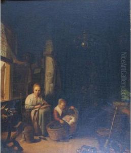 Domestic Interior With A Mother And Two Children by Adriaen Jansz. Van Ostade
