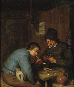 Two Peasants Smoking In An Interior by Adriaen Jansz. Van Ostade