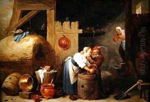 Interior scene with a young woman scrubbing pots while an old man makes advances, c.1644-45 by David The Younger Teniers