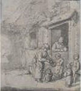 Peasant Family At A Cottage Door by Adriaen Jansz. Van Ostade