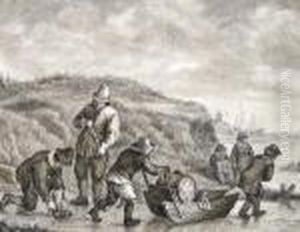 Skaters On A Dutch Frozen River by Adriaen Jansz. Van Ostade
