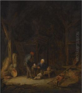 A Barn Interior With A Peasant 
Couple And Two Small Children, Astill Life Of Kitchenware And Cabbages 
To The Left, A Large Basketand An Earthenware Jug To The Right