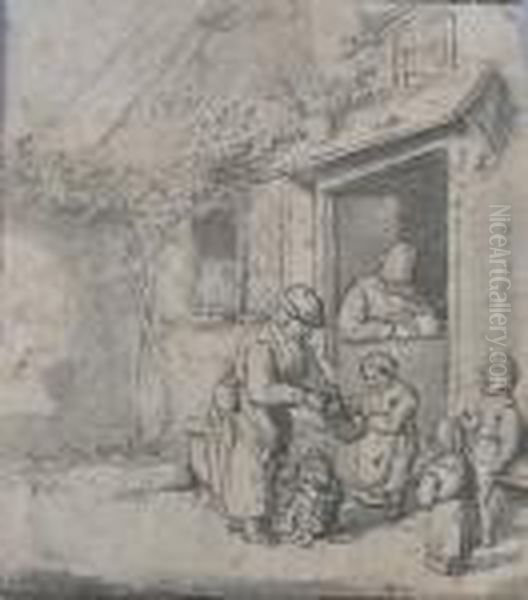 Peasant Family At A Cottage Door Bears Monogram,
Pen And Black Ink With Grey Wash - view 1