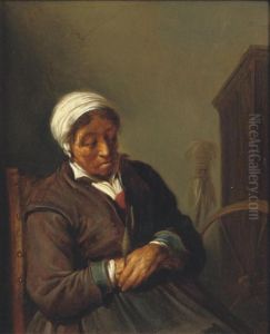 An Old Woman At A Spinning Wheel by Adriaen Jansz. Van Ostade