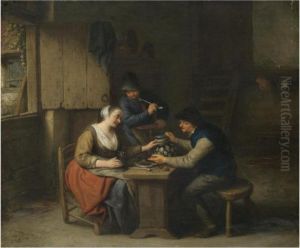 A Tavern Interior With Two Boors
 Seated At A Table Drinking, Athird Standing Behind Smoking A Pipe