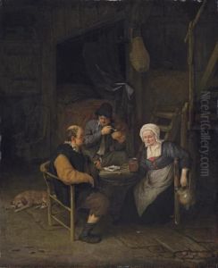 An Interior With Two Boors And A Woman Conversing, Smoking Anddrinking At A Table by Adriaen Jansz. Van Ostade