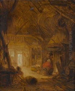 A Barn Interior With Figures By A Fireplace by Adriaen Jansz. Van Ostade