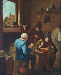A Tavern Interior With Peasants Smoking Around A A Table