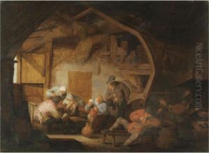The Interior Of A Barn With Peasants Playing Cards Around A Stool