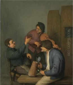 Three Peasants In An Interior by Adriaen Jansz. Van Ostade