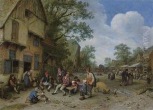 A Village Street With A Hurdy-gurdy Player And A Violinist Playing Outside A Tavern