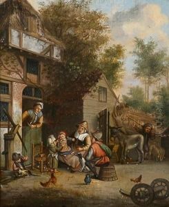 A Pair Of 17th Century Village Scenes, Figures Outside An Inn And A Thatched House by Adriaen Jansz. Van Ostade