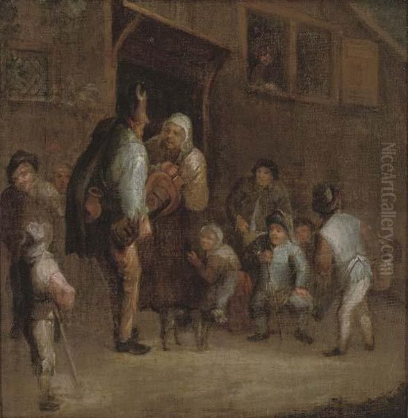 A Hurdy-gurdy Player With Peasants Outside A Tavern - view 1