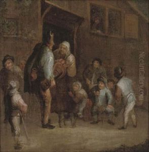 A Hurdy-gurdy Player With Peasants Outside A Tavern by Adriaen Jansz. Van Ostade
