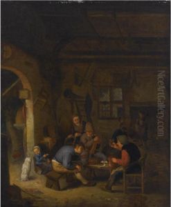 Peasants In An Inn Smoking And Drinking, A Little Girl Feeding A Dog To The Left by Adriaen Jansz. Van Ostade