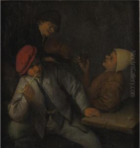 Three Peasants Drinking And Smoking In An Interior by Adriaen Jansz. Van Ostade