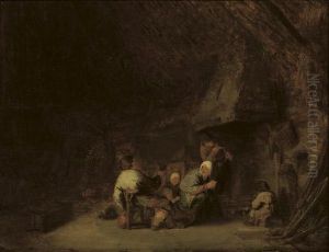 A Peasant Family By A Fireplace In A Barn by Adriaen Jansz. Van Ostade