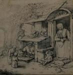 Family Gathered By The Side Of A Cottage