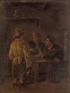 Peasants Playing Cards In A 
Tavern; And Two Figures Reading And Smoking A Pipe In An Interior by Adriaen Jansz. Van Ostade