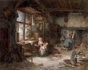 A Mother Feeding Her Child And Other Peasants In An Interior by Adriaen Jansz. Van Ostade