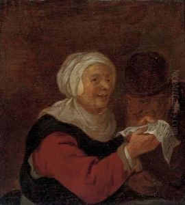A Woman Reading A Letter To A Man In An Interior by Adriaen Jansz. Van Ostade
