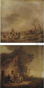 Winter Landscape; Hurdy Gurdy Player Before An Inn by Adriaen Jansz. Van Ostade
