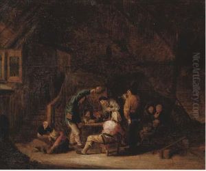 Boors Smoking And Drinking In A Barn by Adriaen Jansz. Van Ostade