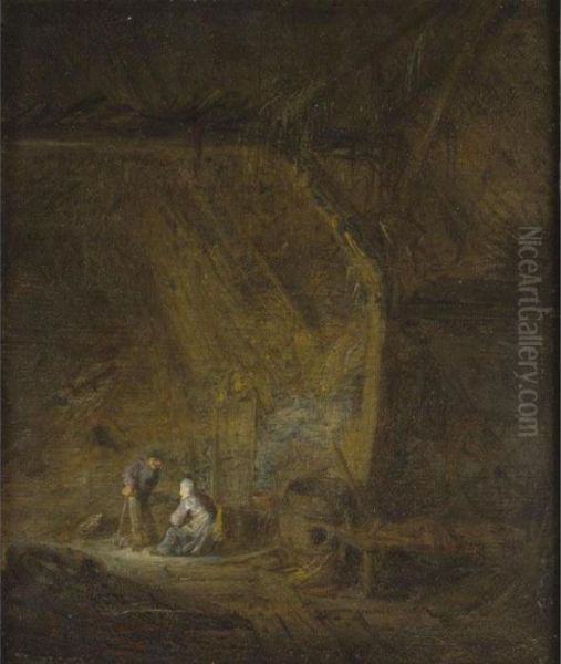 A Barn Interior With Two Peasants Conversing - view 1
