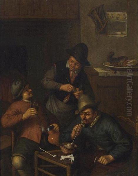Three Men Smoking A Pipe And Drinking In An Interior - view 1
