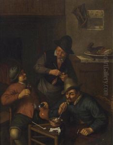 Three Men Smoking A Pipe And Drinking In An Interior by Adriaen Jansz. Van Ostade