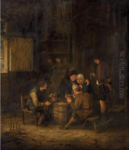 An Interior With Peasants Huddled Around A Cask, Smoking And Drinking