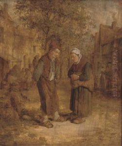 Two Peasants Conversing In A Village Street by Adriaen Jansz. Van Ostade