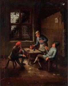 A Peasant Pouring A Glass Of Beer With Figures Coming Through A Doorway by Adriaen Jansz. Van Ostade