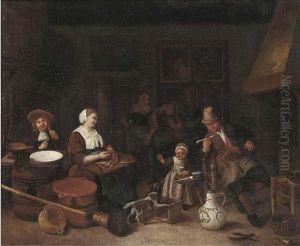 A Kitchen Interior With A Woman Cutting Fish And A Girl Playingwith A Dog by Adriaen Jansz. Van Ostade