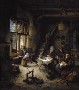 A Peasant Family In A Cottage Interior by Adriaen Jansz. Van Ostade