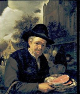 A Peasant Holding A Basket Of Fish In A Market by Adriaen Jansz. Van Ostade