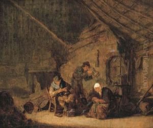 A Man Delousing A Cat With Other Peasants In An Interior by Adriaen Jansz. Van Ostade