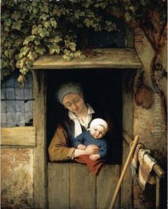 A Mother Holding Her Child In A Doorway by Adriaen Jansz. Van Ostade