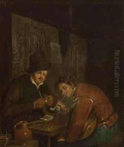 Two Men Smoking Pipes In A Tavern by Adriaen Jansz. Van Ostade