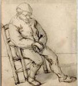 A Seated Peasant With His Hands Folded, Tilting His Chair Back