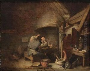 An Alchemist Near A Fireplace In His Studio by Adriaen Jansz. Van Ostade