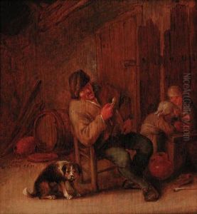 A Boor Smoking In An Inn, With A Dog And Two Children by Adriaen Jansz. Van Ostade
