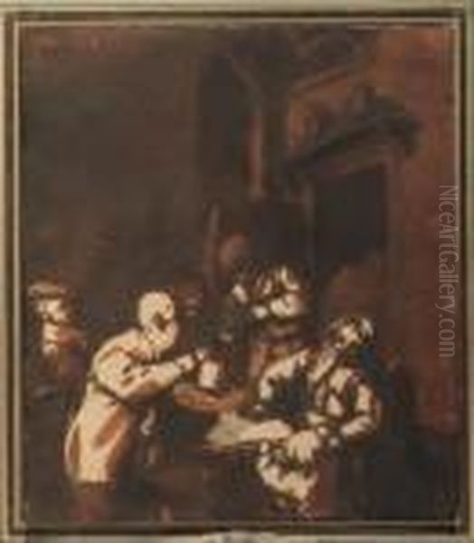 An Interior With A Family At A Table, Another Figure At Thedoor - view 1