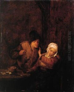 A Boor Courting A Maid In An Inn by Adriaen Jansz. Van Ostade