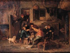 Boors Fighting Over A Game Of Cards In A Barn by Adriaen Jansz. Van Ostade