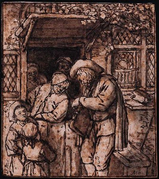 A Hurdy-gurdy Player At The Door Of A House, Men And Childrenlistening On - view 1