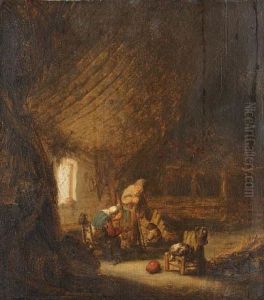 A Peasant Family In A Barn With An Old Woman Spinning by Adriaen Jansz. Van Ostade