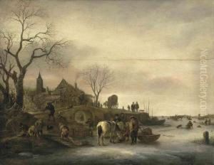 A Winter Landscape With Figures On A Frozen Lake With A Churchspire Beyond